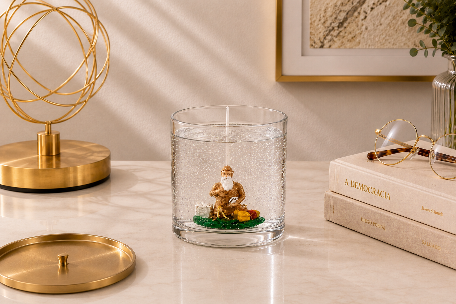 Vela em Gel Xangô artesanal em copo de vidro transparente, com representação decorativa de Xangô em seu interior, fotografada em ambiente sofisticado com livros, óculos, elementos dourados e iluminação natural suave.