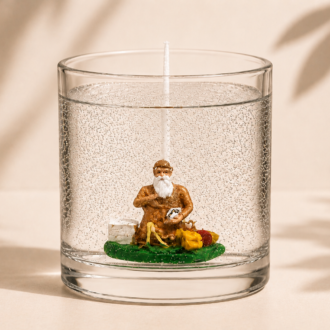 Vela em Gel Xangô artesanal em copo de vidro transparente, com figura decorativa de Xangô em seu interior, apresentada sobre fundo bege suave com sombras naturais de folhas, em composição minimalista e sofisticada.