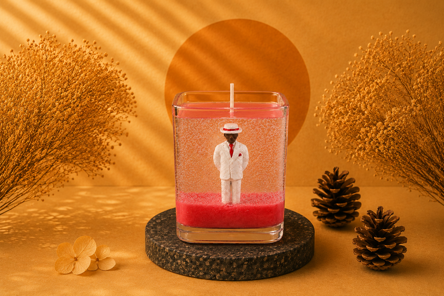 Vela em Gel Zé Pilintra artesanal em recipiente de vidro transparente, com figura decorativa de Zé Pilintra imersa na parafina em gel e detalhes em tom vermelho.