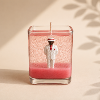 Vela em Gel Zé Pilintra artesanal em recipiente de vidro transparente, com figura decorativa de Zé Pilintra envolta por parafina em gel cristalina e detalhes em tons vermelhos.
