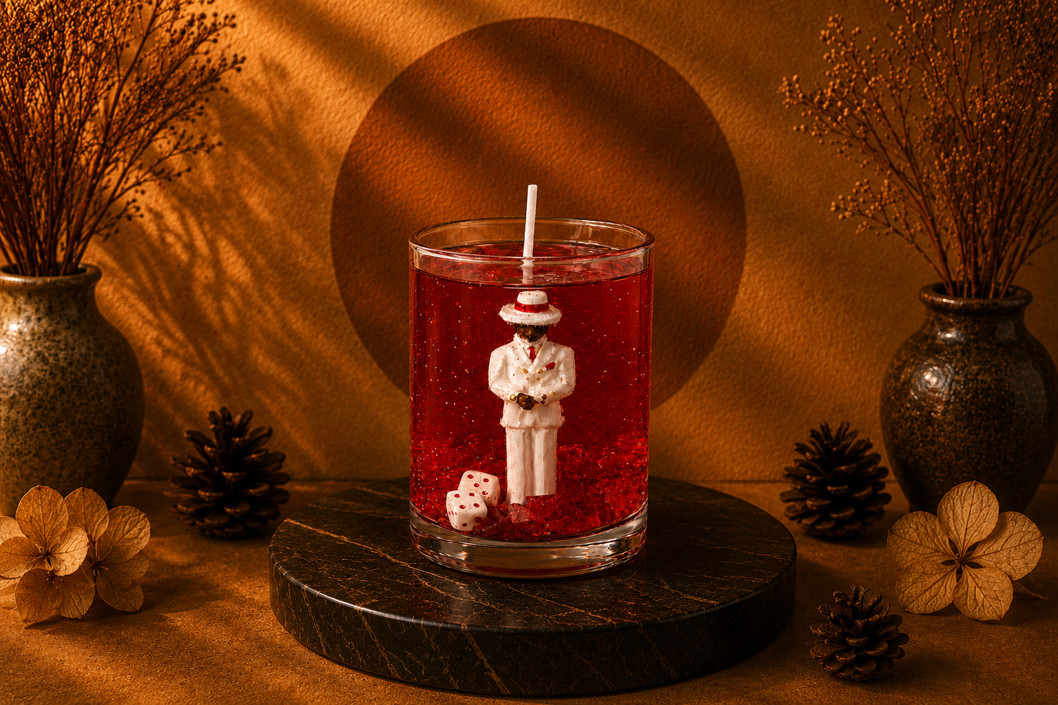Vela em gel vermelho transparente com escultura de Zé Pilintra vestindo terno branco, gravata vermelha e chapéu característico. A composição inclui dados decorativos na base do recipiente de vidro, destacando elementos simbólicos ligados à entidade, em uma apresentação elegante e sofisticada.