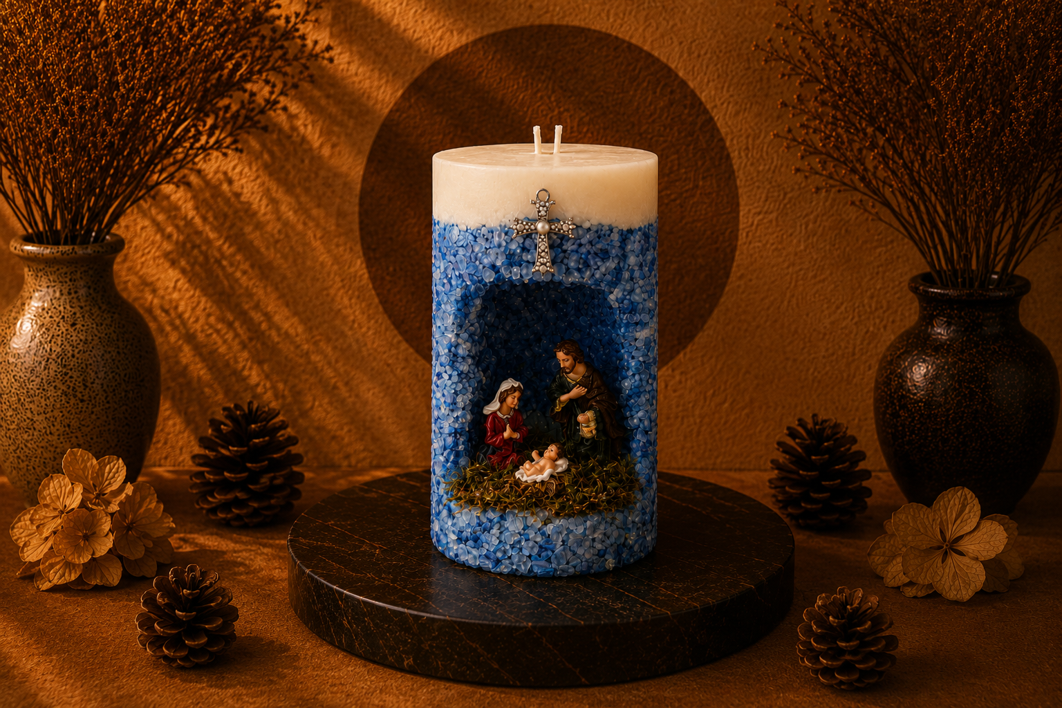 Vela em Gruta Sagrada Família artesanal decorada em tons de azul e branco, com nicho central contendo as imagens de Maria, José e o Menino Jesus. A peça possui acabamento texturizado com pequenas pedras decorativas azuis, detalhe de cruz prateada com pedrarias na parte frontal e dois pavios na superfície.