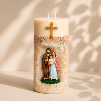 Vela em Gruta Sagrada Família artesanal em tons de branco, marfim e dourado, com imagem da Sagrada Família aplicada no centro da peça. Possui acabamento com cristais decorativos claros, detalhes dourados delicados, cruz ornamentada dourada na parte superior e dois pavios. A vela está apresentada em cenário minimalista com fundo bege suave, sombras naturais de folhagens e iluminação elegante de estilo editorial.