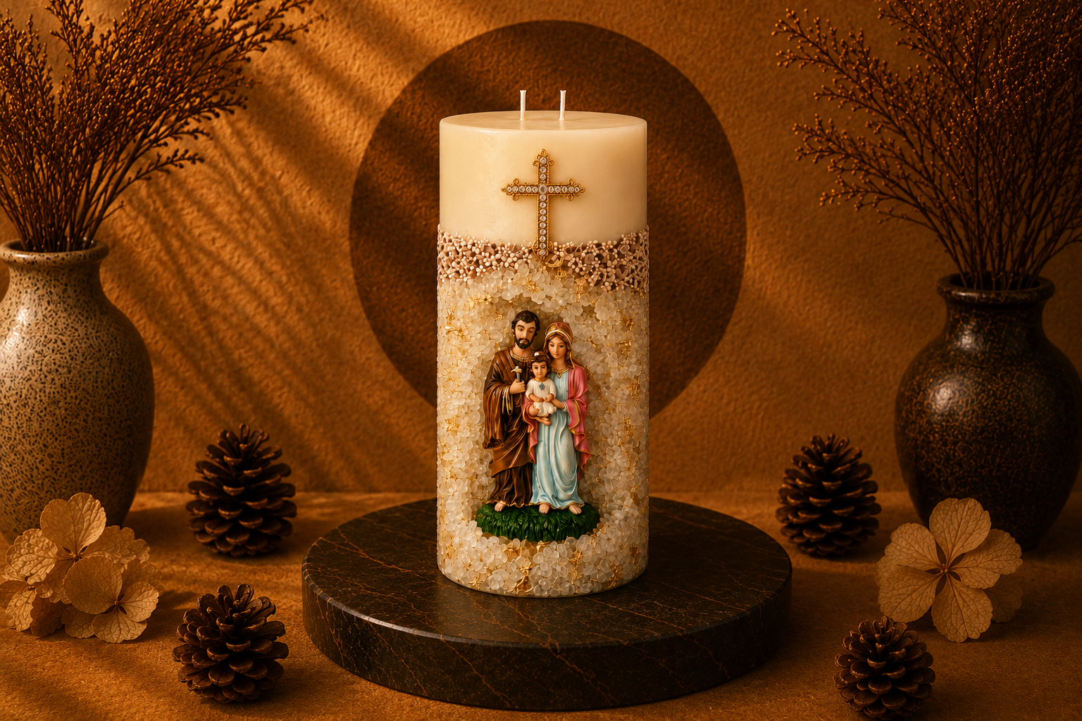 Vela em Gruta Sagrada Família artesanal decorada em tons de branco, dourado e bege, com nicho central contendo as imagens de São José, Maria e o Menino Jesus. A peça possui acabamento texturizado com cristais decorativos claros, detalhes dourados, cruz ornamentada na parte frontal e dois pavios, apresentada em cenário elegante com iluminação aconchegante.