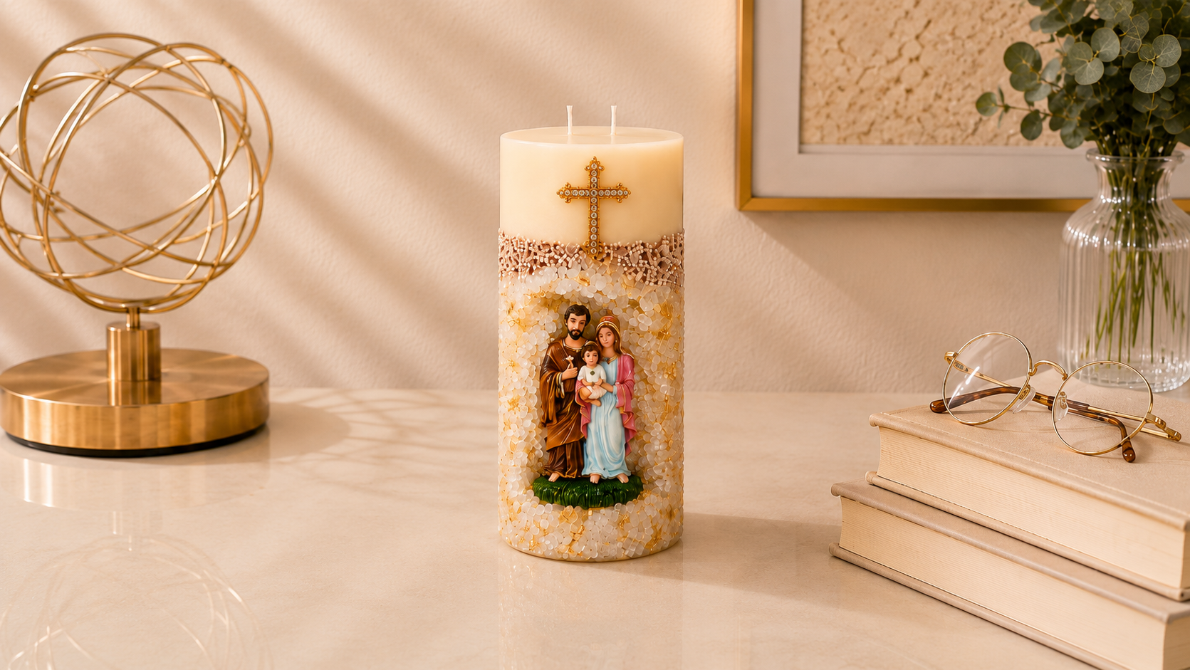 Vela em Gruta Sagrada Família artesanal em tons de branco, dourado e marfim, com imagem da Sagrada Família em destaque no nicho frontal. A peça possui acabamento texturizado com cristais decorativos claros, detalhes dourados, cruz ornamentada aplicada na parte superior e dois pavios, apresentada em ambiente elegante com livros, objeto decorativo dourado e iluminação suave.