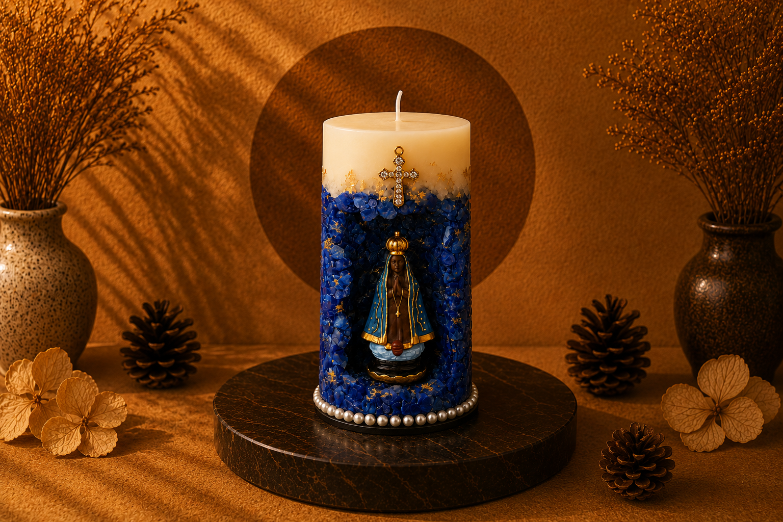 Vela Gruta de Nossa Senhora Aparecida artesanal em tons de azul, branco e dourado, com imagem de Nossa Senhora Aparecida posicionada em um nicho central. A peça possui acabamento com cristais decorativos azuis, detalhes dourados, cruz ornamentada aplicada na parte superior e base decorada com pérolas. Está apresentada sobre uma base circular escura em cenário elegante com iluminação quente, flores secas, pinhas decorativas e fundo com círculo central em destaque.