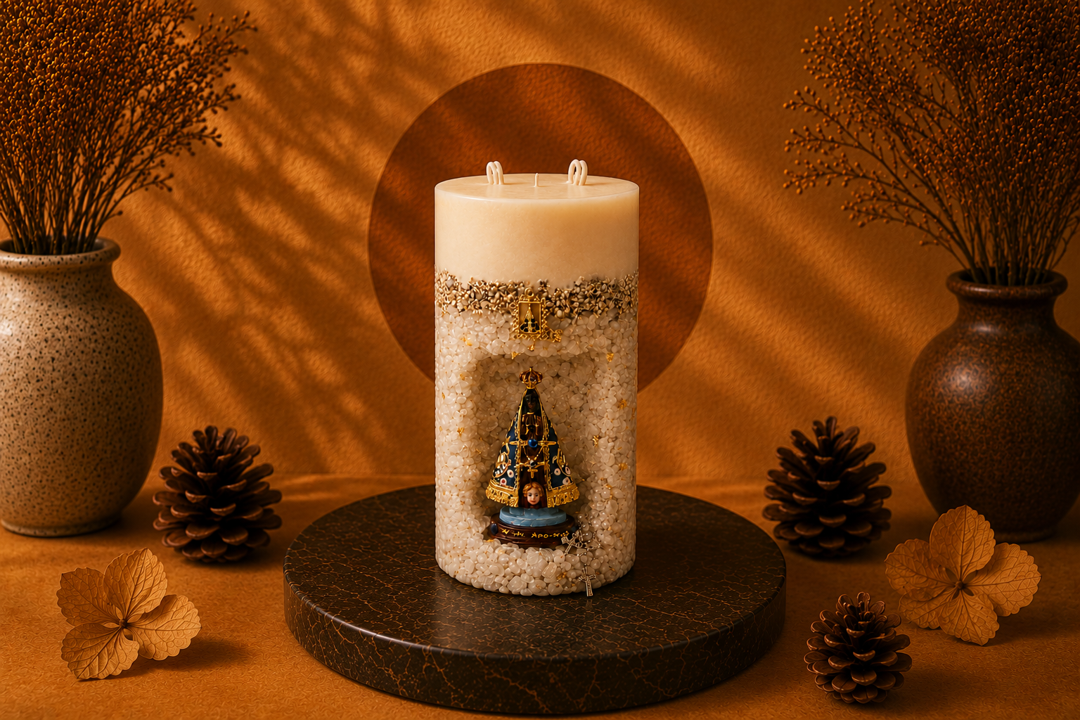 Vela Gruta de Nossa Senhora Aparecida artesanal em formato cilíndrico, com acabamento em tons marfim e detalhes dourados. A peça possui um nicho central contendo a imagem de Nossa Senhora Aparecida, adornada em azul, dourado e preto, acompanhada por um delicado terço decorativo. A vela está posicionada sobre uma base circular escura, em um cenário sofisticado com iluminação quente, vasos decorativos, pinhas e elementos naturais.