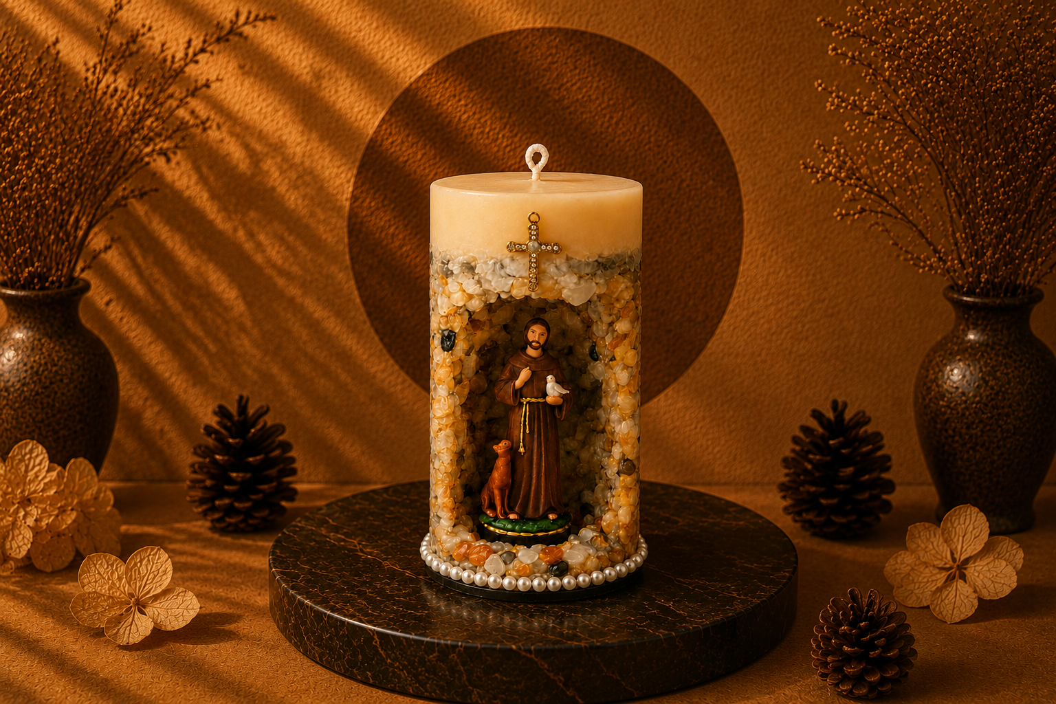 Vela Gruta de São Francisco de Assis artesanal em tons de bege, marfim e dourado, com imagem de São Francisco de Assis posicionada em um nicho central decorativo. A peça apresenta acabamento com pedras naturais em tons terrosos, cruz ornamentada aplicada na parte superior e base decorada com pérolas. A fotografia está ambientada em cenário acolhedor com iluminação quente, base de pedra escura, pinhas e elementos decorativos que remetem à natureza e espiritualidade.