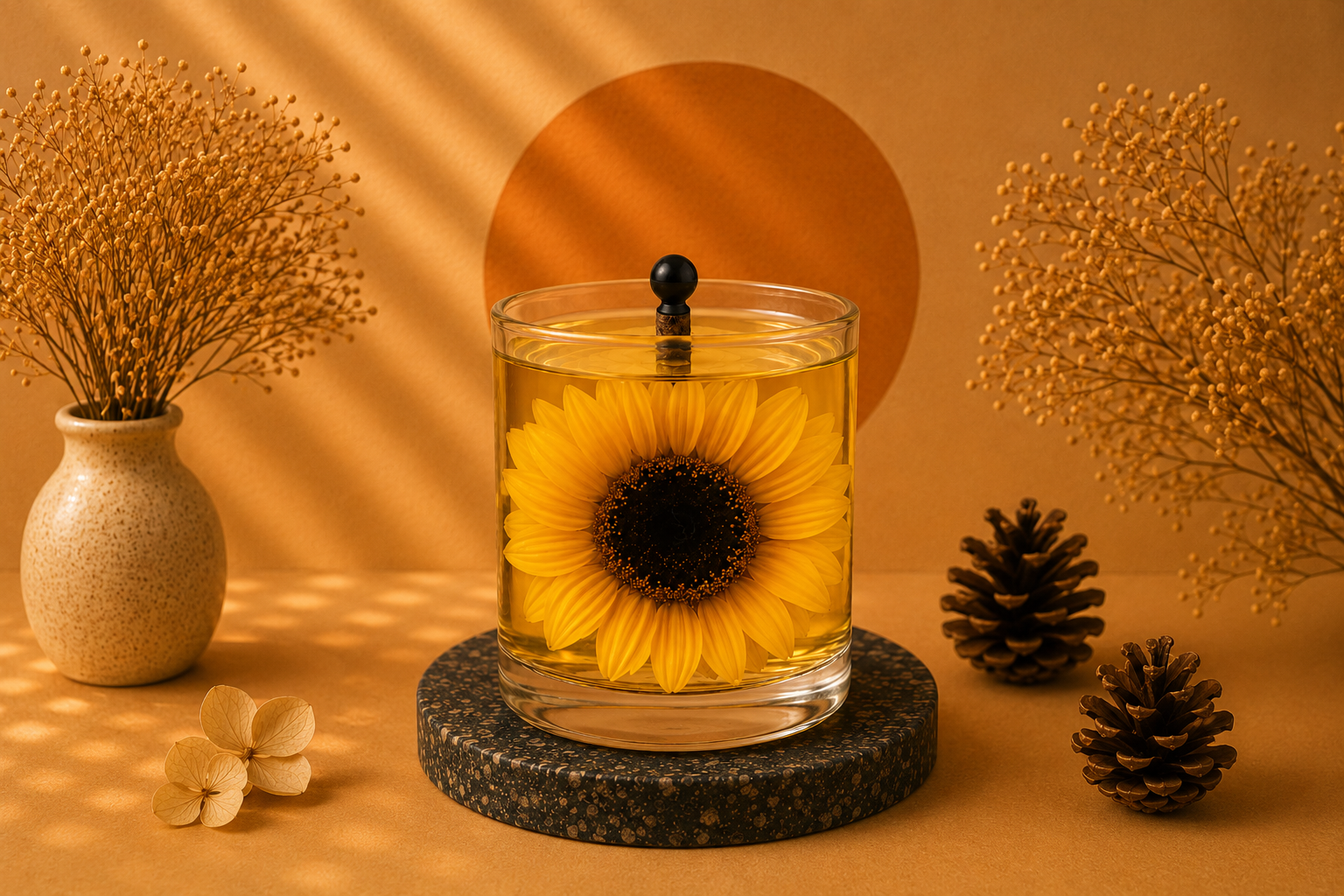 Vela Luminária de Girassol artesanal em recipiente cilíndrico de vidro transparente, contendo uma flor de girassol amarela em destaque no interior. A peça está posicionada sobre uma base redonda escura, em cenário elegante com fundo dourado, círculo decorativo ao fundo, flores secas e pinhas ornamentais. A composição transmite aconchego, sofisticação e a energia vibrante associada ao girassol.