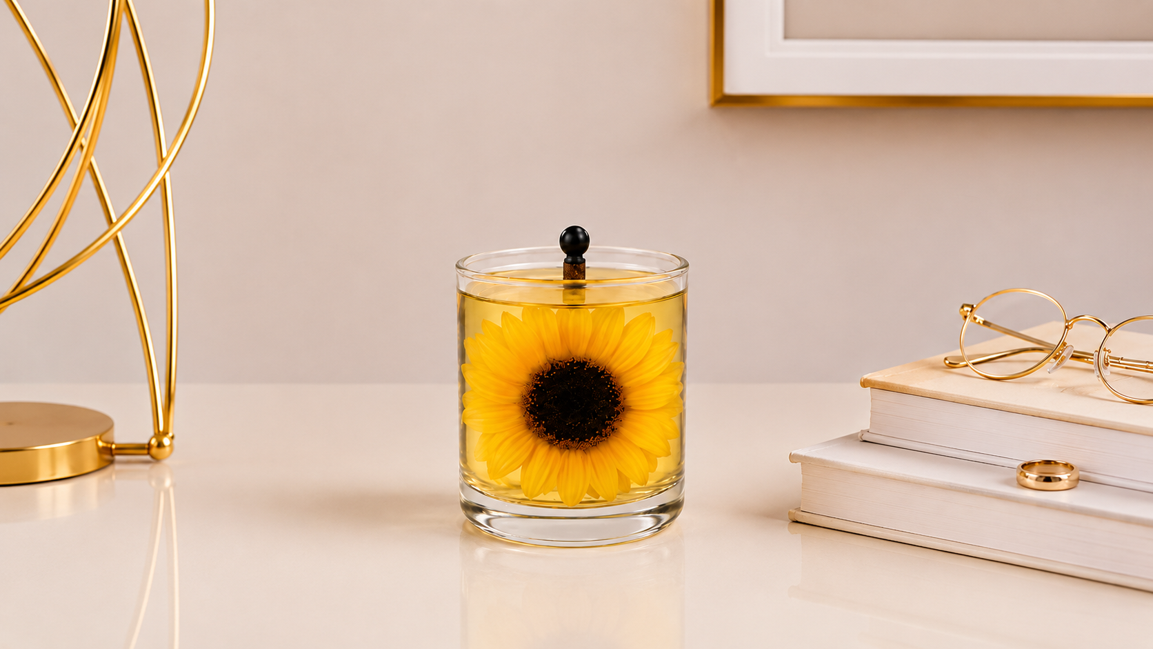 Vela Luminária de Girassol artesanal em recipiente cilíndrico de vidro transparente, com um girassol amarelo em destaque no interior da composição. A peça está posicionada sobre uma superfície clara em um ambiente sofisticado, acompanhada por livros decorativos, óculos com armação dourada e um elemento metálico moderno ao fundo. A iluminação suave valoriza a transparência do vidro e a beleza vibrante da flor.