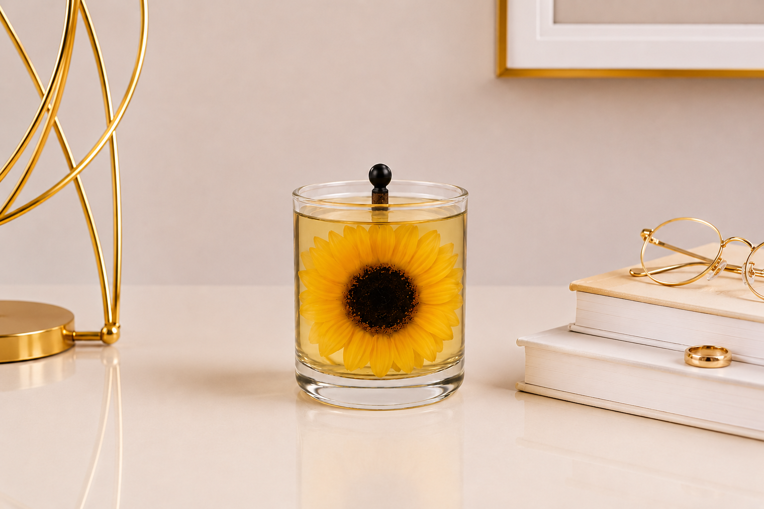 Vela Luminária de Girassol artesanal em recipiente cilíndrico de vidro transparente, com um girassol amarelo em destaque no interior da composição. A peça está posicionada sobre uma superfície clara em um ambiente sofisticado, acompanhada por livros decorativos, óculos com armação dourada e um elemento metálico moderno ao fundo. A iluminação suave valoriza a transparência do vidro e a beleza vibrante da flor.