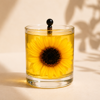 Vela Luminária de Girassol artesanal em recipiente cilíndrico de vidro transparente, com um girassol amarelo vibrante em destaque no interior da composição. A peça está posicionada sobre uma superfície clara com iluminação suave e sombras naturais de folhas ao fundo, criando uma atmosfera acolhedora, elegante e inspirada na natureza.
