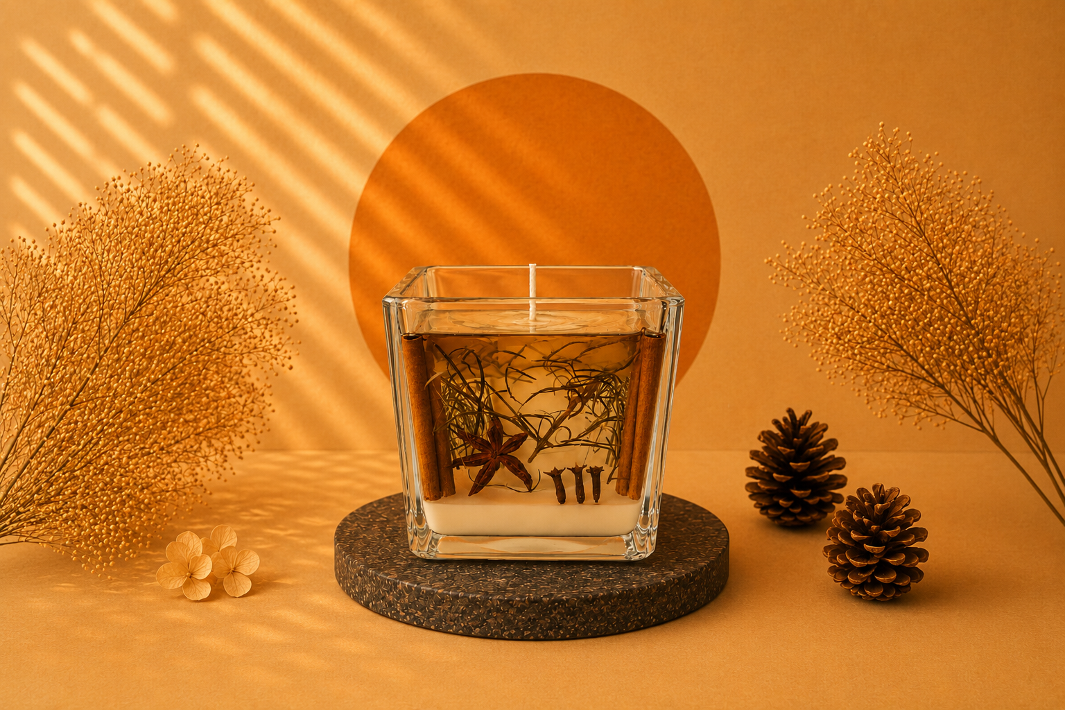 Vela Luminária de Limpeza e Purificação artesanal em elegante recipiente quadrado de vidro transparente, composta por cera branca e parafina em gel com elementos botânicos naturais incorporados, incluindo canela em pau, anis-estrelado, cravo-da-índia e ervas secas. A vela está posicionada sobre uma base escura de pedra, com fundo em tons dourados quentes, iluminação suave e elementos decorativos naturais que reforçam a sensação de aconchego, equilíbrio e bem-estar.