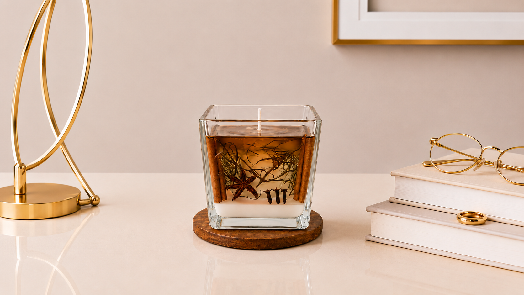 Vela Luminária de Limpeza e Purificação artesanal em recipiente quadrado de vidro transparente, composta por base de cera branca e camada superior de parafina em gel com elementos naturais incorporados, incluindo canela em pau, anis-estrelado, cravo-da-índia e ervas aromáticas. A vela está posicionada sobre uma base de madeira em ambiente sofisticado, acompanhada por livros decorativos, objeto metálico dourado e iluminação suave, criando uma atmosfera elegante, acolhedora e harmoniosa.