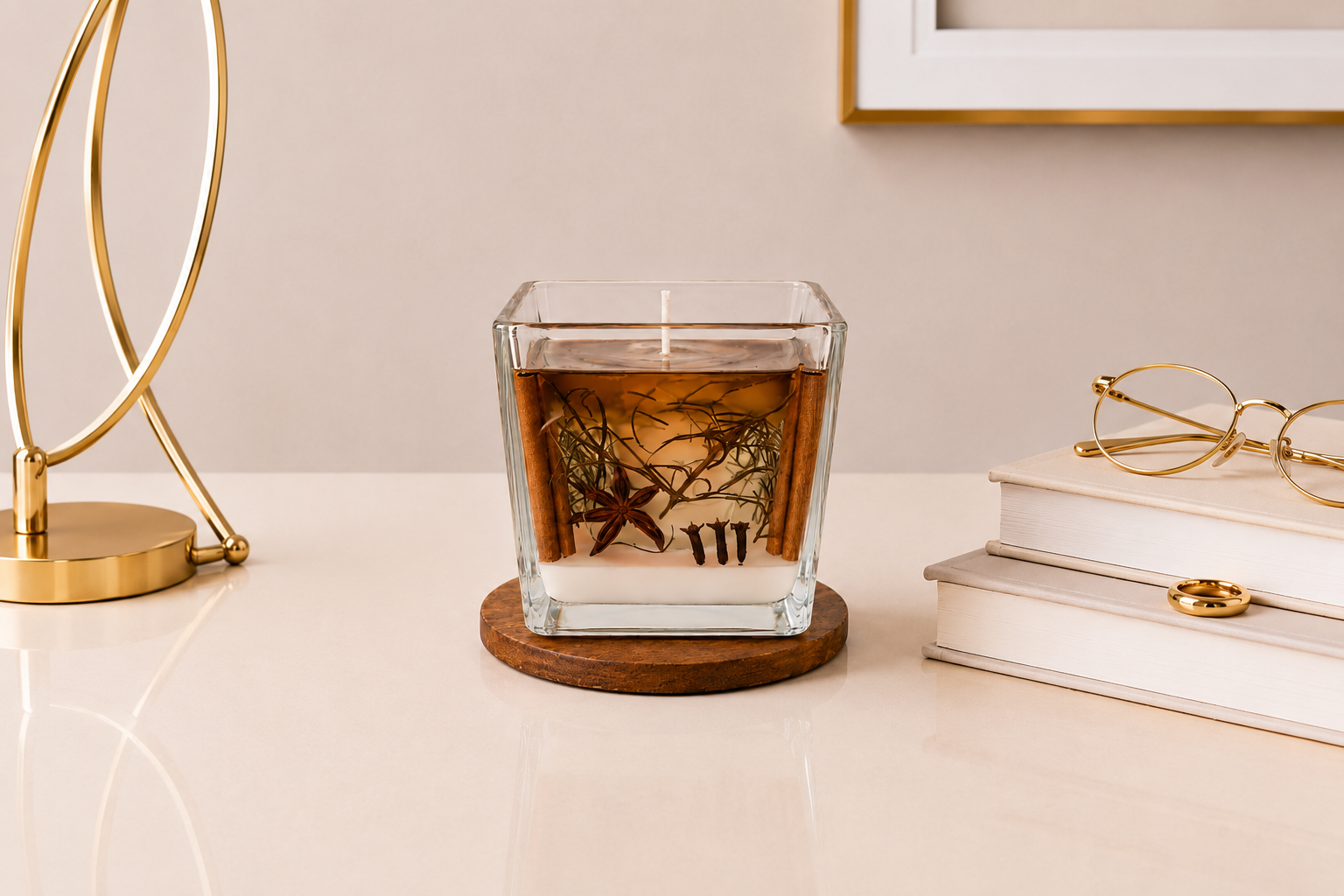 Vela Luminária de Limpeza e Purificação artesanal em recipiente quadrado de vidro transparente, composta por base de cera branca e camada superior de parafina em gel com elementos naturais incorporados, incluindo canela em pau, anis-estrelado, cravo-da-índia e ervas aromáticas. A vela está posicionada sobre uma base de madeira em ambiente sofisticado, acompanhada por livros decorativos, objeto metálico dourado e iluminação suave, criando uma atmosfera elegante, acolhedora e harmoniosa.