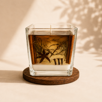 Vela Luminária de Limpeza e Purificação artesanal em recipiente quadrado de vidro transparente, com base de cera branca e camada superior de parafina em gel âmbar. A composição interna destaca canela em pau, anis-estrelado, cravo-da-índia e ervas naturais suspensas no gel. A vela está posicionada sobre uma base de madeira em cenário minimalista com fundo bege claro e sombras suaves de folhagens, transmitindo serenidade, equilíbrio e sofisticação.