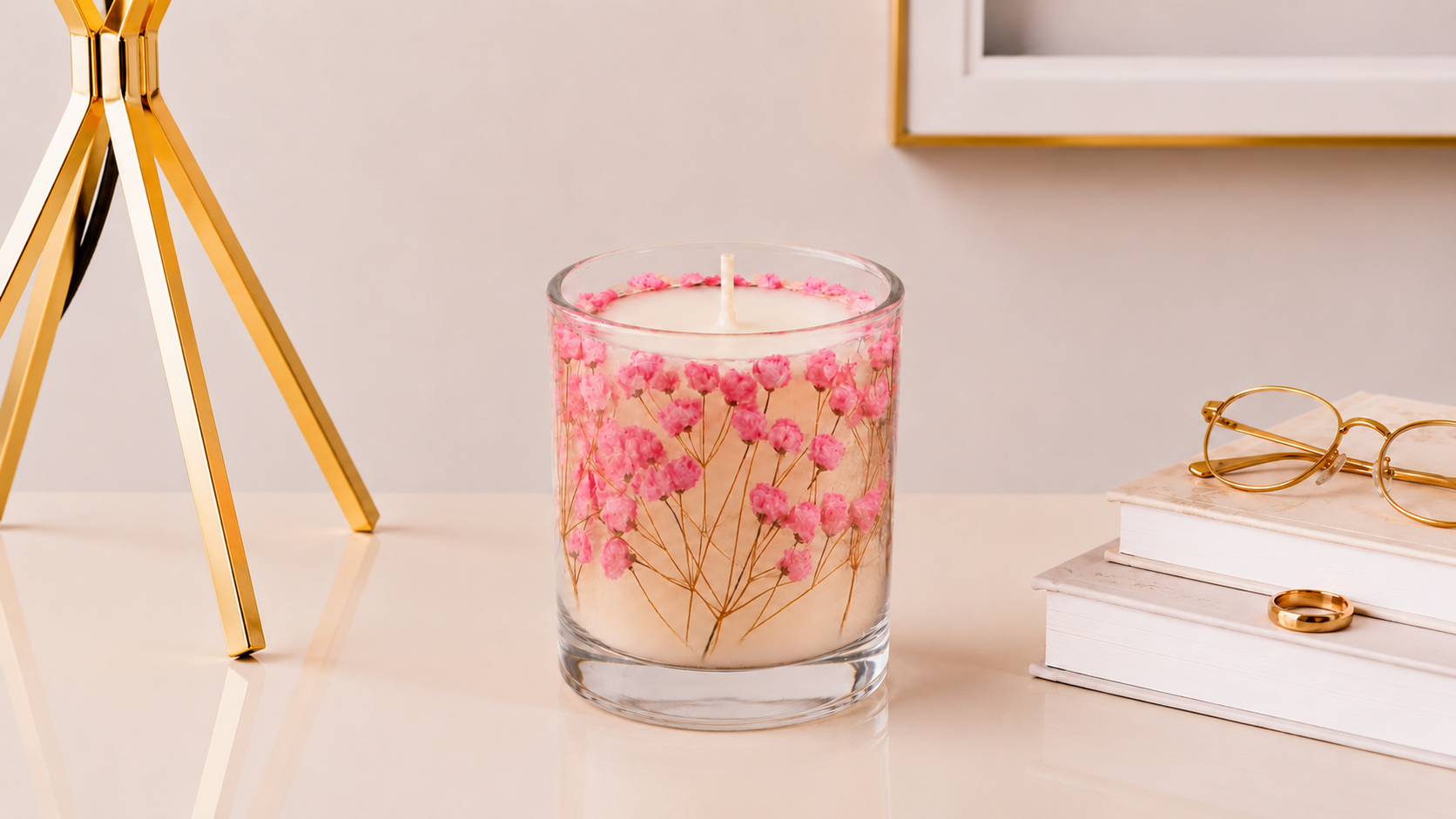 Vela Luminária Gypsophila Rosa artesanal em vidro transparente, decorada com delicadas flores rosas preservadas ao redor da cera, em composição elegante e sofisticada.
