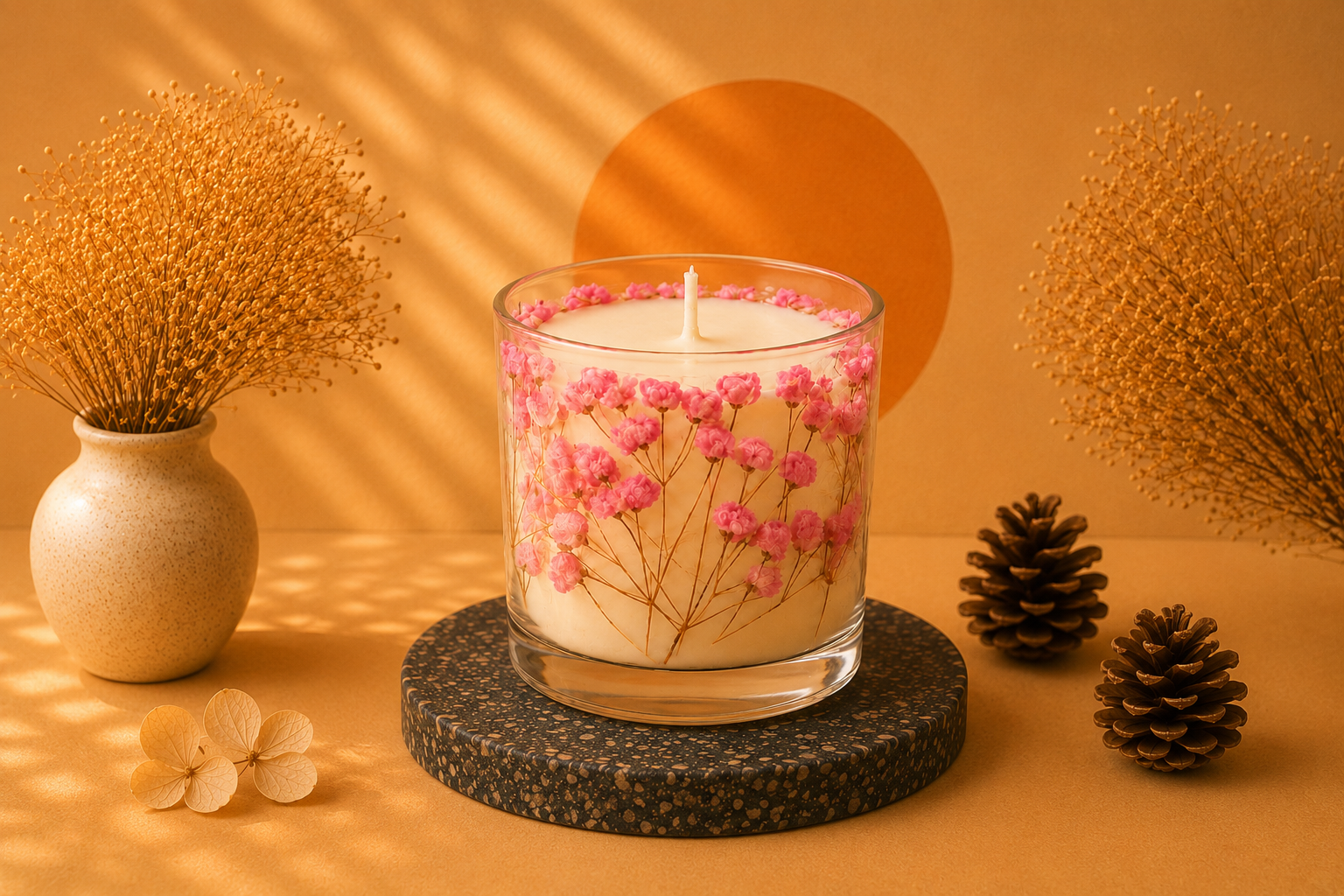 Vela Luminária Gypsophila Rosa artesanal em recipiente de vidro transparente, decorada com delicadas flores rosas preservadas e apresentada em cenário sofisticado com tons quentes e iluminação acolhedora.