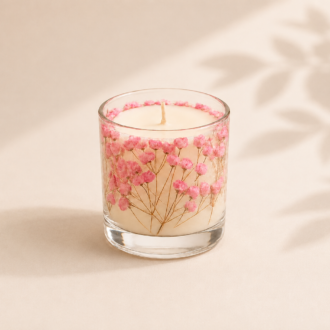 Vela Luminária Gypsophila Rosa artesanal em vidro transparente, decorada com delicadas flores rosas preservadas e cera branca, apresentada em cenário minimalista com iluminação suave e sombras naturais.