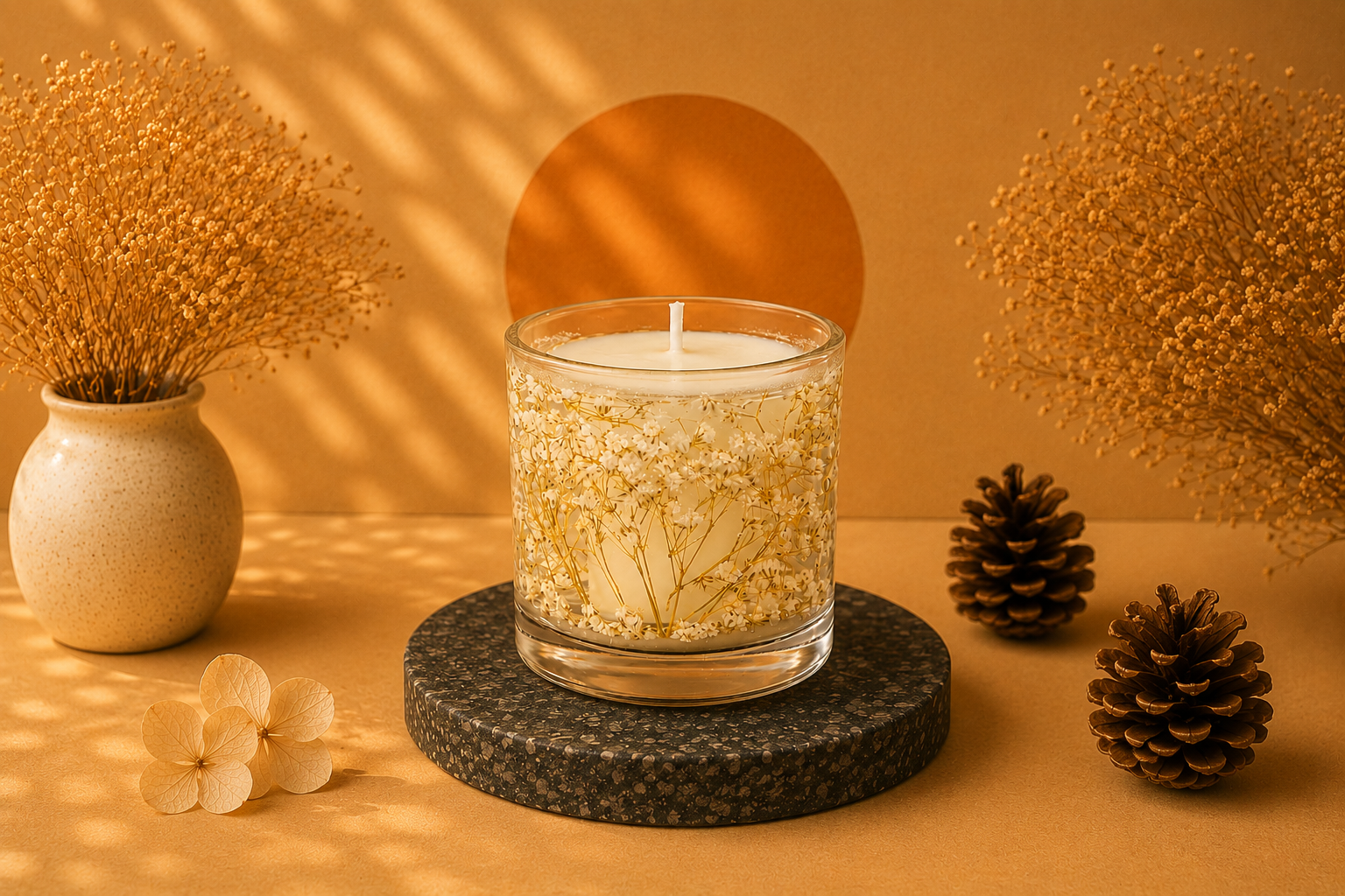 Vela Luminária Gypsophila artesanal em vidro transparente, decorada com delicadas flores de gypsophila brancas, ideal para decoração elegante e acolhedora.