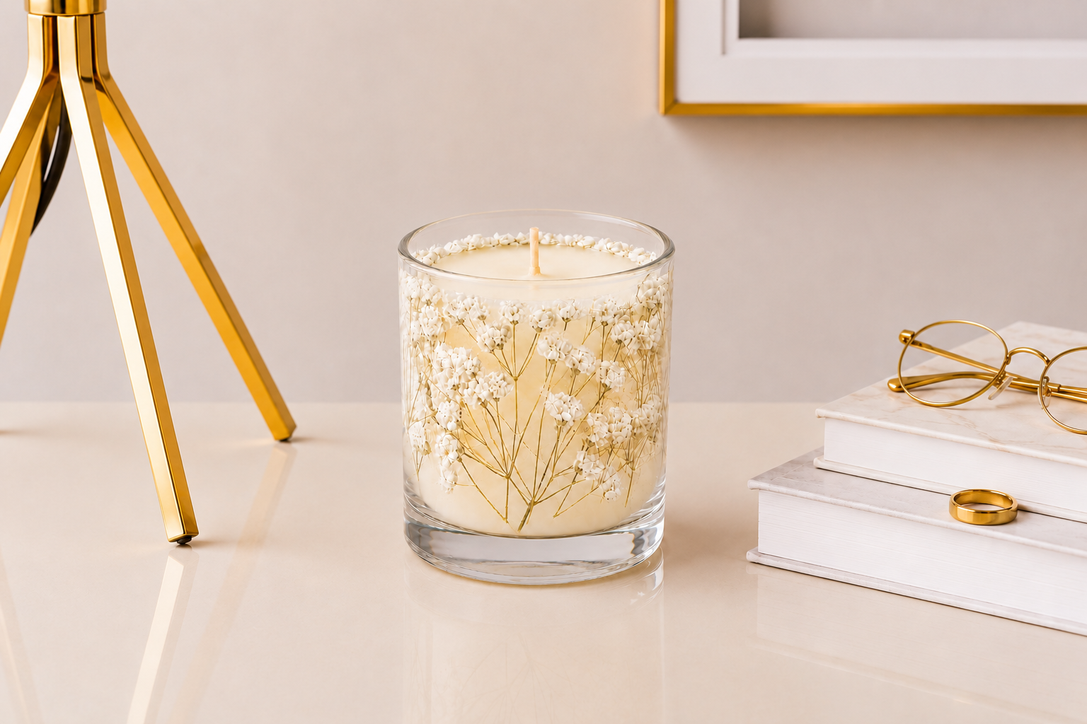 Vela Luminária Gypsophila artesanal em recipiente de vidro transparente, decorada com delicadas flores de gypsophila brancas e acabamento elegante.