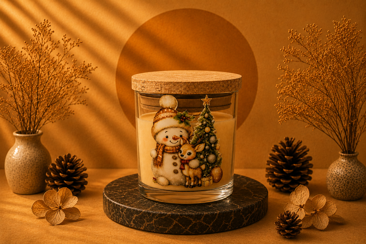 Vela Natalina artesanal em copo de vidro transparente com tampa de cortiça natural. A ilustração apresenta um simpático boneco de neve usando gorro e cachecol dourados ao lado de um delicado filhote de cervo e de uma árvore de Natal decorada. A vela está posicionada sobre uma base de mármore escuro em um cenário elegante com tons dourados, pinhas, vasos decorativos e iluminação aconchegante, transmitindo o charme e a magia das celebrações natalinas.
