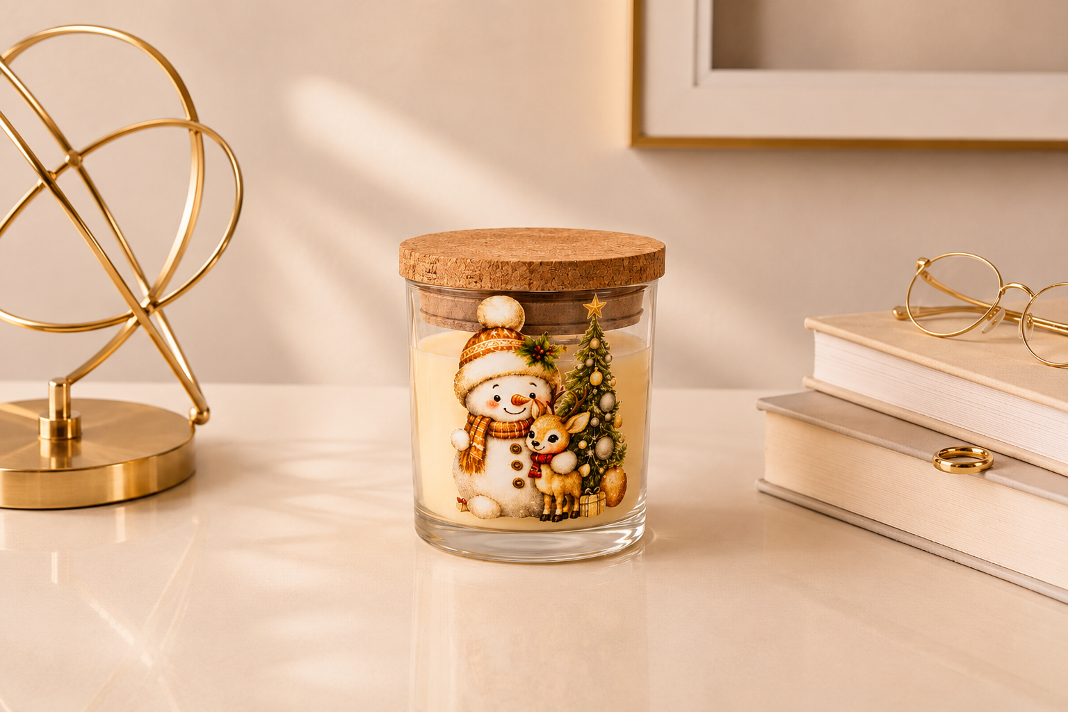 Vela Natalina artesanal em copo de vidro transparente com tampa de cortiça natural. A ilustração apresenta um simpático boneco de neve usando gorro e cachecol dourados ao lado de um delicado filhote de cervo e de uma árvore de Natal decorada. A vela está posicionada sobre uma superfície elegante em um ambiente sofisticado com livros, óculos e elementos decorativos dourados ao fundo, criando uma atmosfera acolhedora e encantadora para as festas de fim de ano.