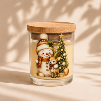 Vela Natalina artesanal em copo de vidro transparente com tampa de cortiça natural. A ilustração apresenta um delicado boneco de neve abraçado a um filhote de cervo ao lado de uma árvore de Natal decorada. A vela está posicionada em um cenário minimalista de fundo bege claro com sombras suaves de folhagens, criando uma atmosfera elegante, acolhedora e sofisticada.