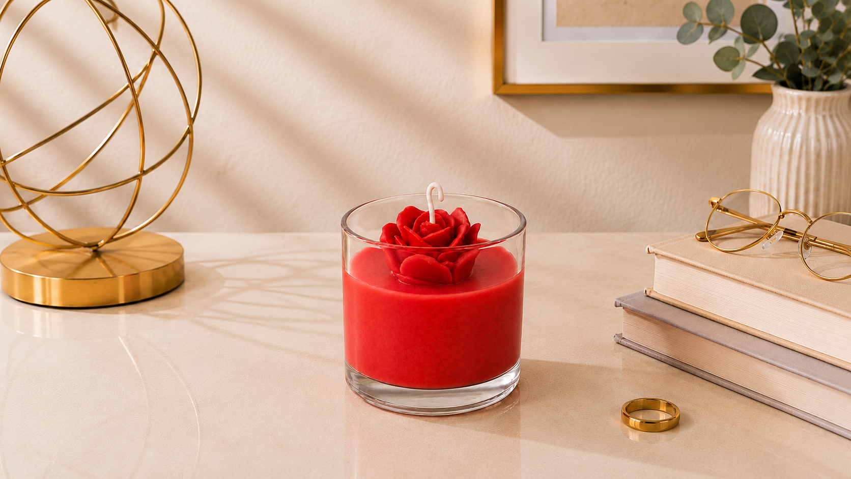 Vela Rosa Vermelha artesanal em copo de vidro transparente, com cera vermelha vibrante e uma delicada rosa vermelha esculpida na superfície. A vela está posicionada sobre uma mesa clara em um ambiente sofisticado, cercada por elementos decorativos dourados, livros e detalhes minimalistas que reforçam sua elegância.