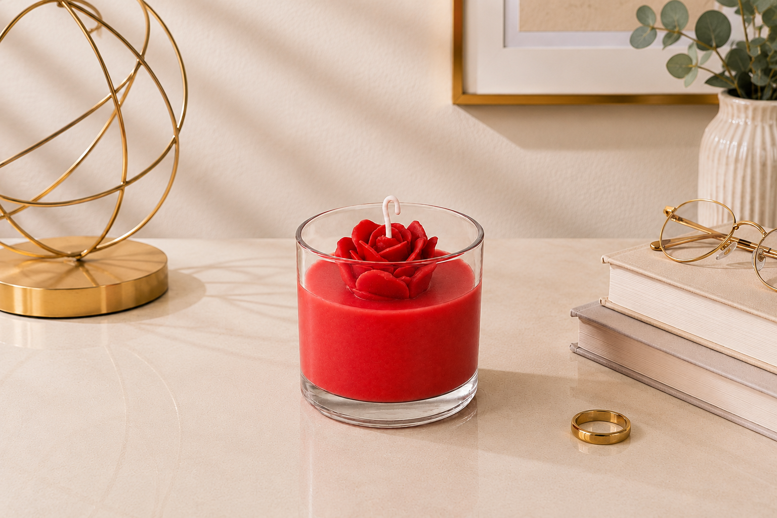 Vela Rosa Vermelha artesanal em copo de vidro transparente, com cera vermelha vibrante e uma delicada rosa vermelha esculpida na superfície. A vela está posicionada sobre uma mesa clara em um ambiente sofisticado, cercada por elementos decorativos dourados, livros e detalhes minimalistas que reforçam sua elegância.
