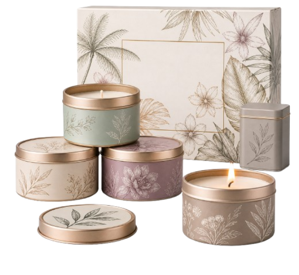 Text) Conjunto de velas aromáticas em latas decorativas com estampas florais e embalagem presente sofisticada.