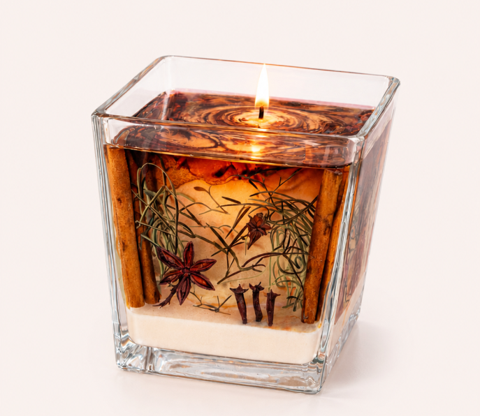 Vela aromática artesanal em recipiente quadrado de vidro decorada com canela, anis-estrelado e especiarias naturais.